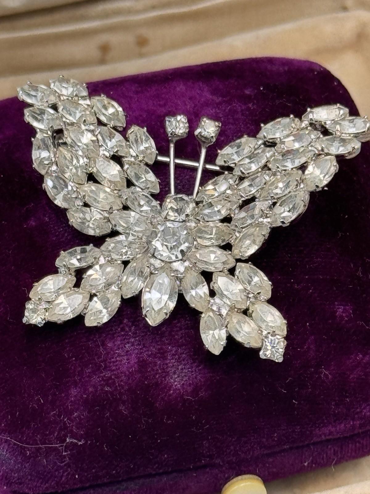 Vintage Rhinestone Butterfly Brooch Clear Crystal Silvertone 1.75”