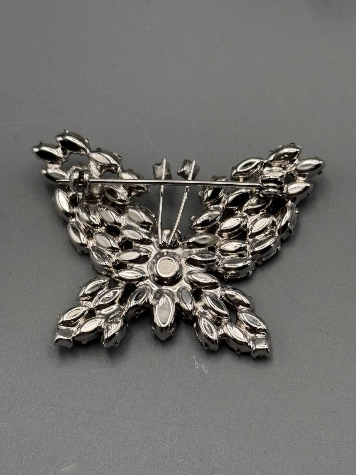 Vintage Rhinestone Butterfly Brooch Clear Crystal Silvertone 1.75”