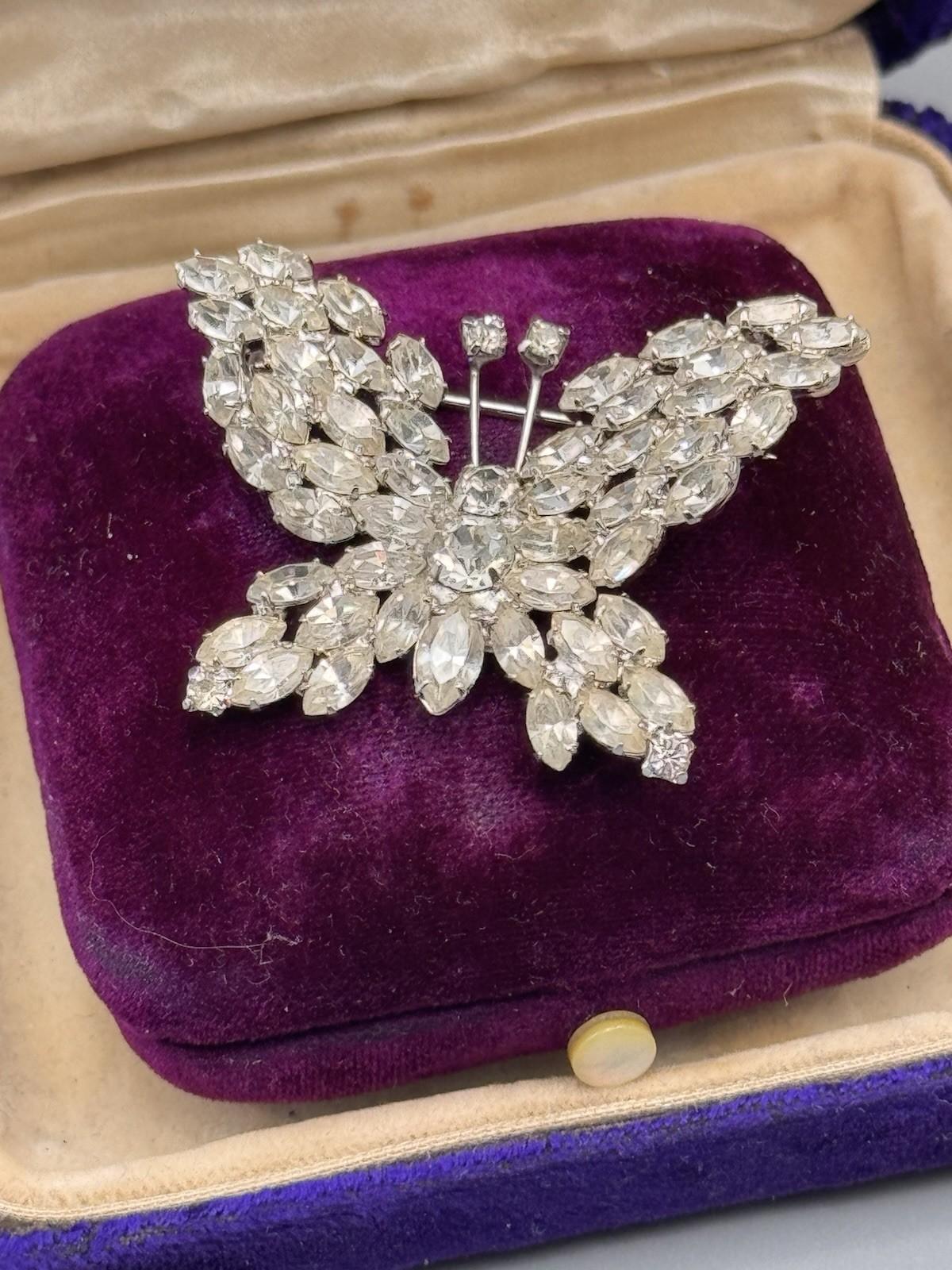 Vintage Rhinestone Butterfly Brooch Clear Crystal Silvertone 1.75”