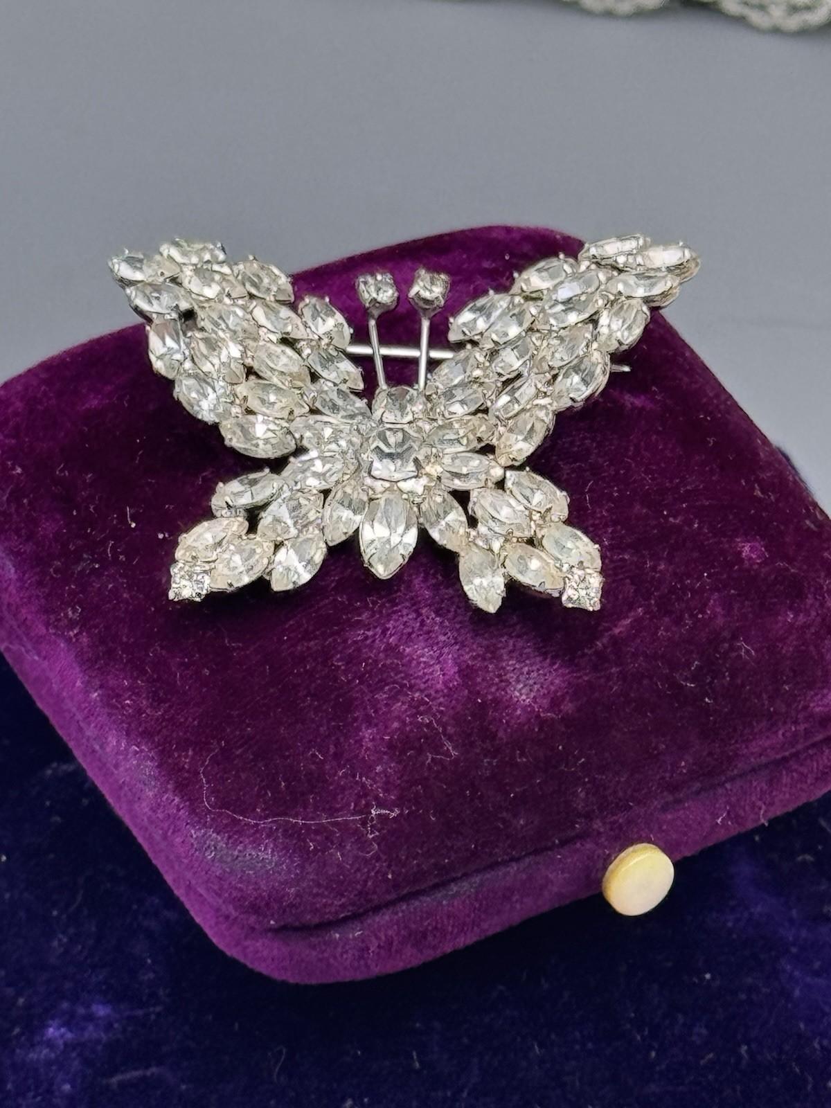 Vintage Rhinestone Butterfly Brooch Clear Crystal Silvertone 1.75”