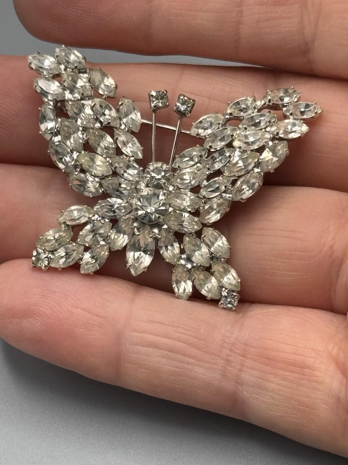 Vintage Rhinestone Butterfly Brooch Clear Crystal Silvertone 1.75”