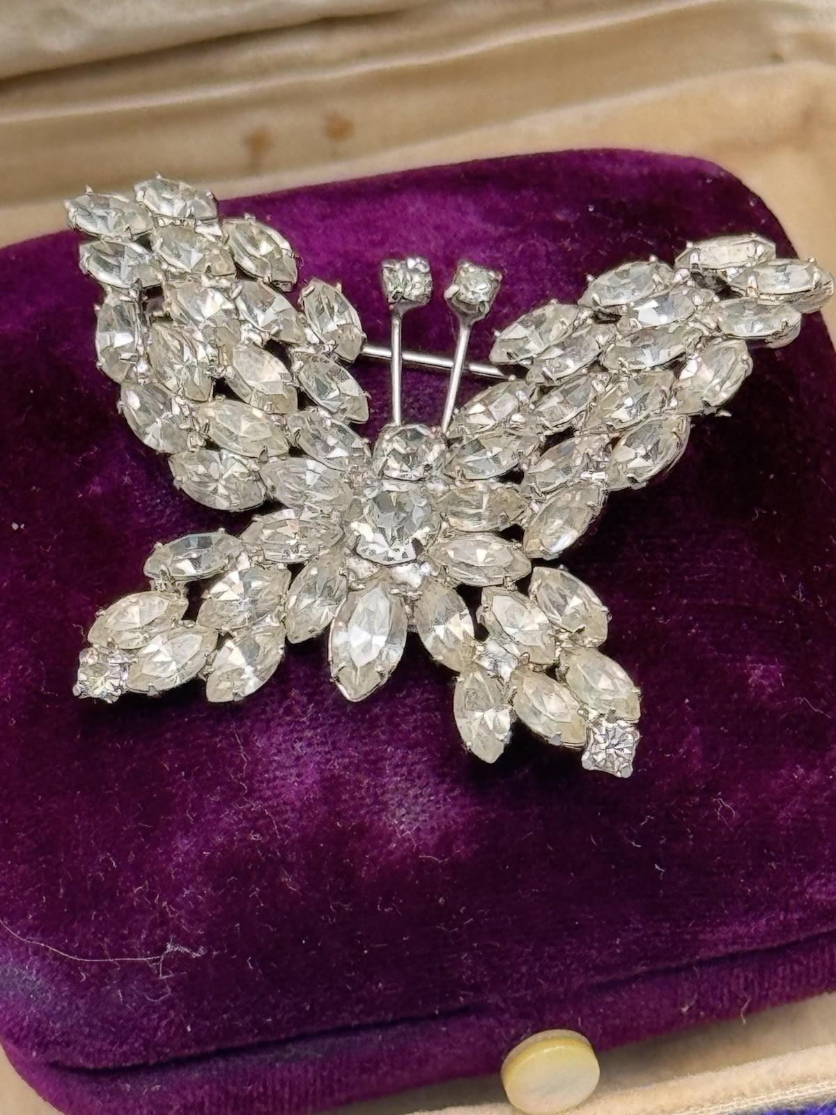Vintage Rhinestone Butterfly Brooch Clear Crystal Silvertone 1.75”