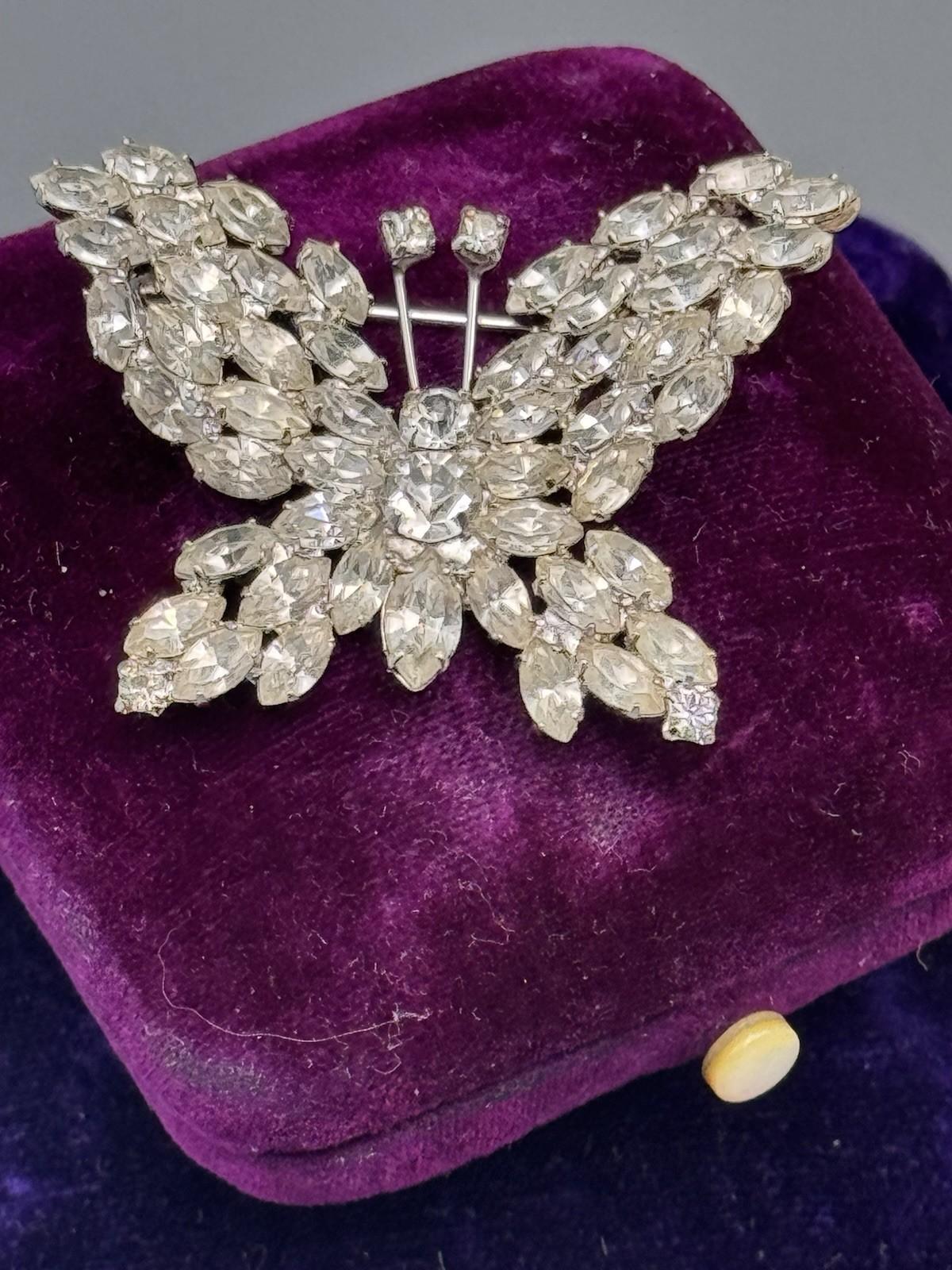 Vintage Rhinestone Butterfly Brooch Clear Crystal Silvertone 1.75”