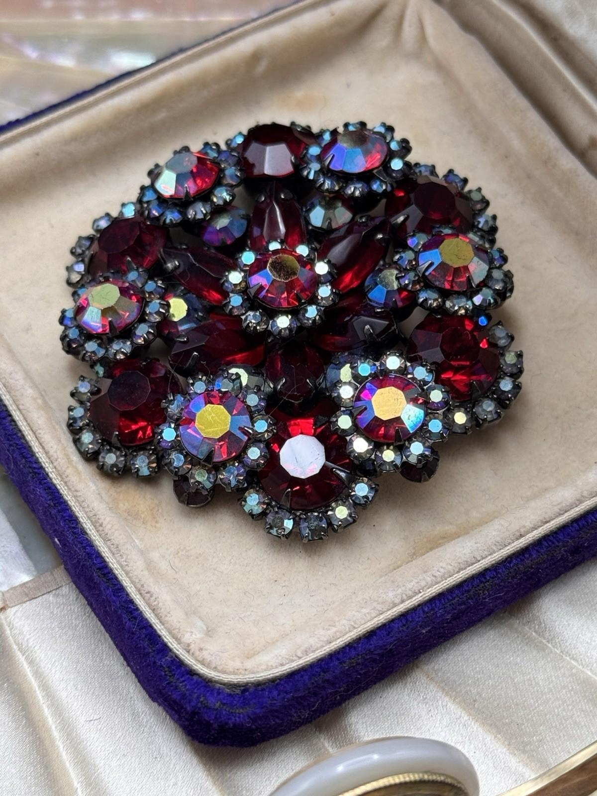 Juliana Brooch Red AB Rhinestone Cluster 2.25” Round Statement Pin D&E
