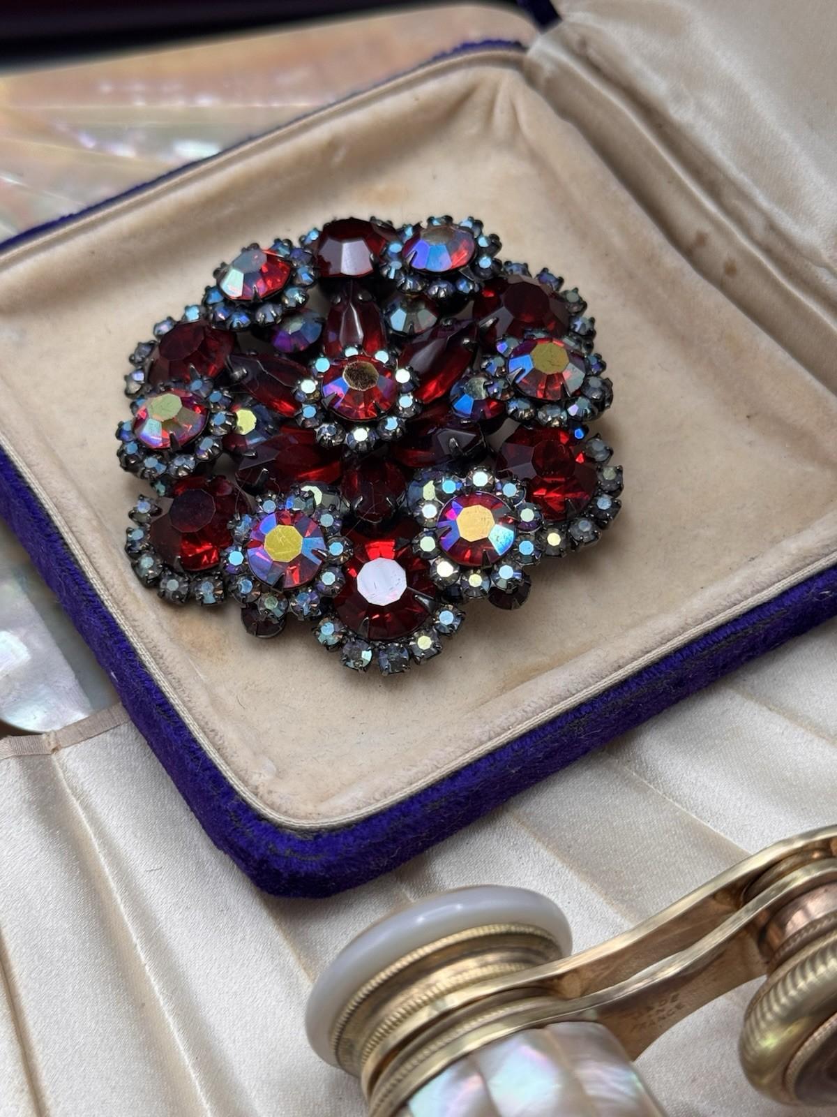 Juliana Brooch Red AB Rhinestone Cluster 2.25” Round Statement Pin D&E