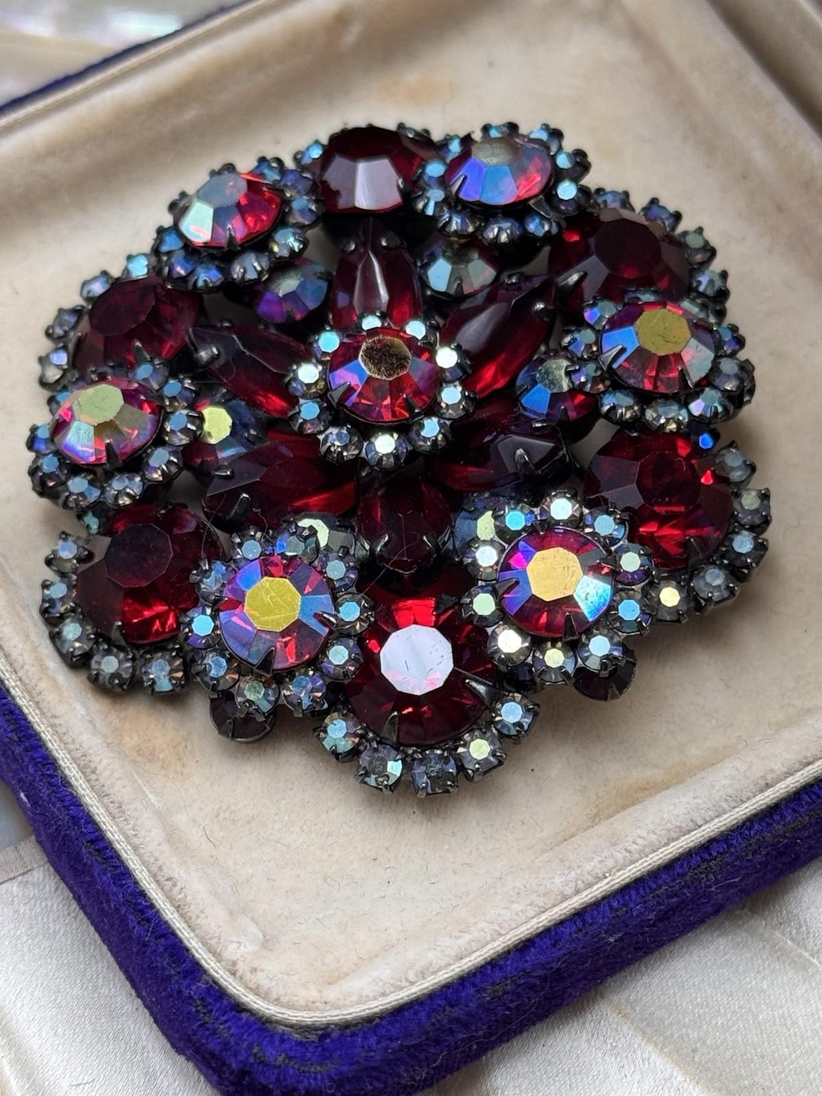 Juliana Brooch Red AB Rhinestone Cluster 2.25” Round Statement Pin D&E