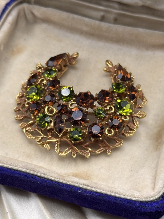 Vintage Coro Rhinestone Crescent Moon Brooch Green Amber Navette 2”