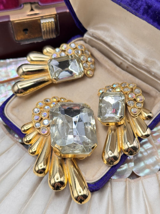 Vintage BRIGLIA Brooch Earrings Set Goldtone Rhinestone Statement 3”