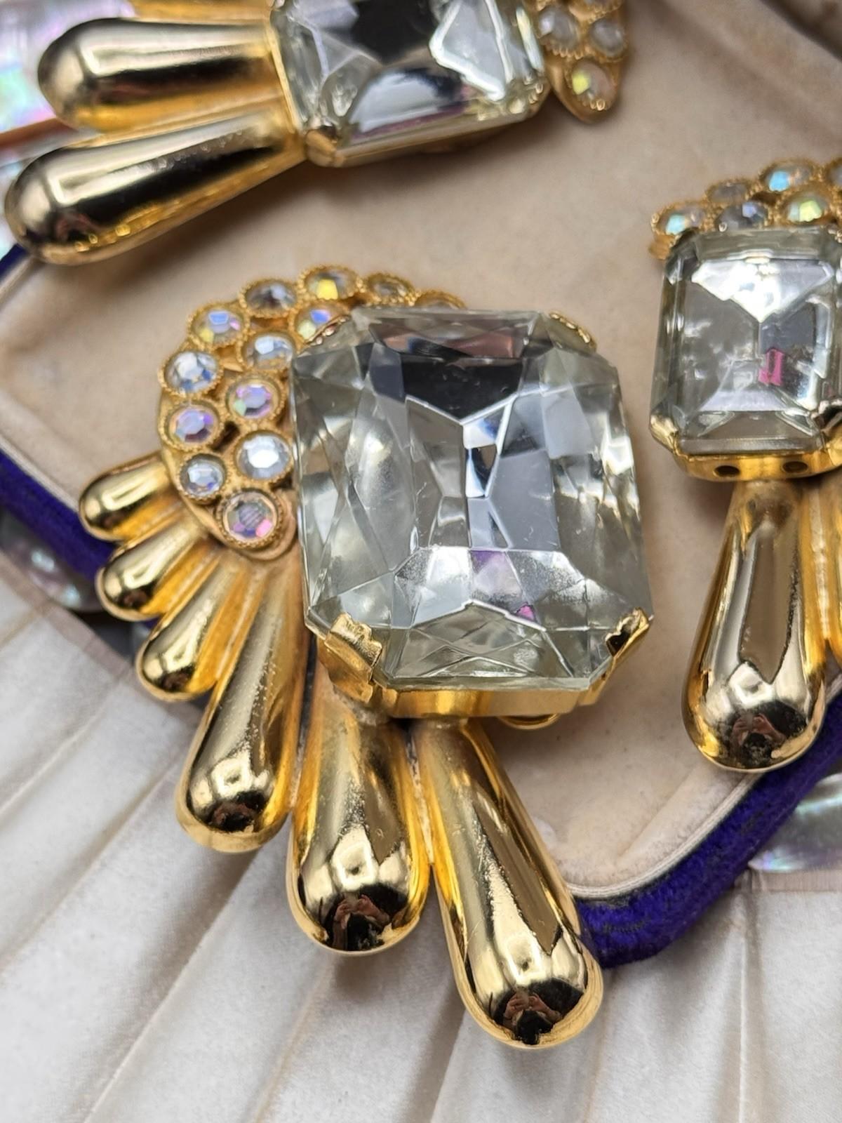 Vintage BRIGLIA Brooch Earrings Set Goldtone Rhinestone Statement 3”