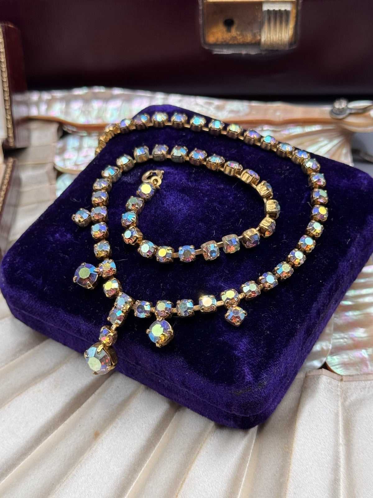 Vintage AB Rhinestone Necklace Goldtone Crystal Drop Statement