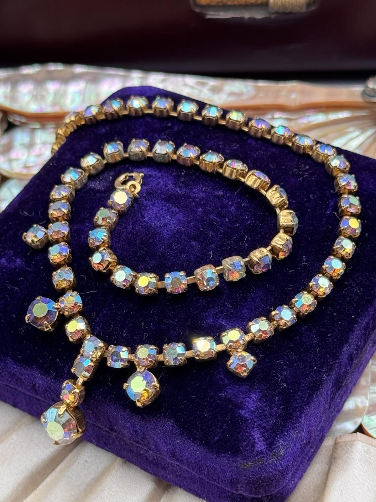 Vintage AB Rhinestone Necklace Goldtone Crystal Drop Statement