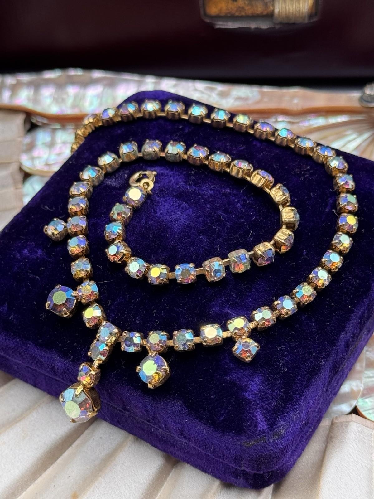Vintage AB Rhinestone Necklace Goldtone Crystal Drop Statement