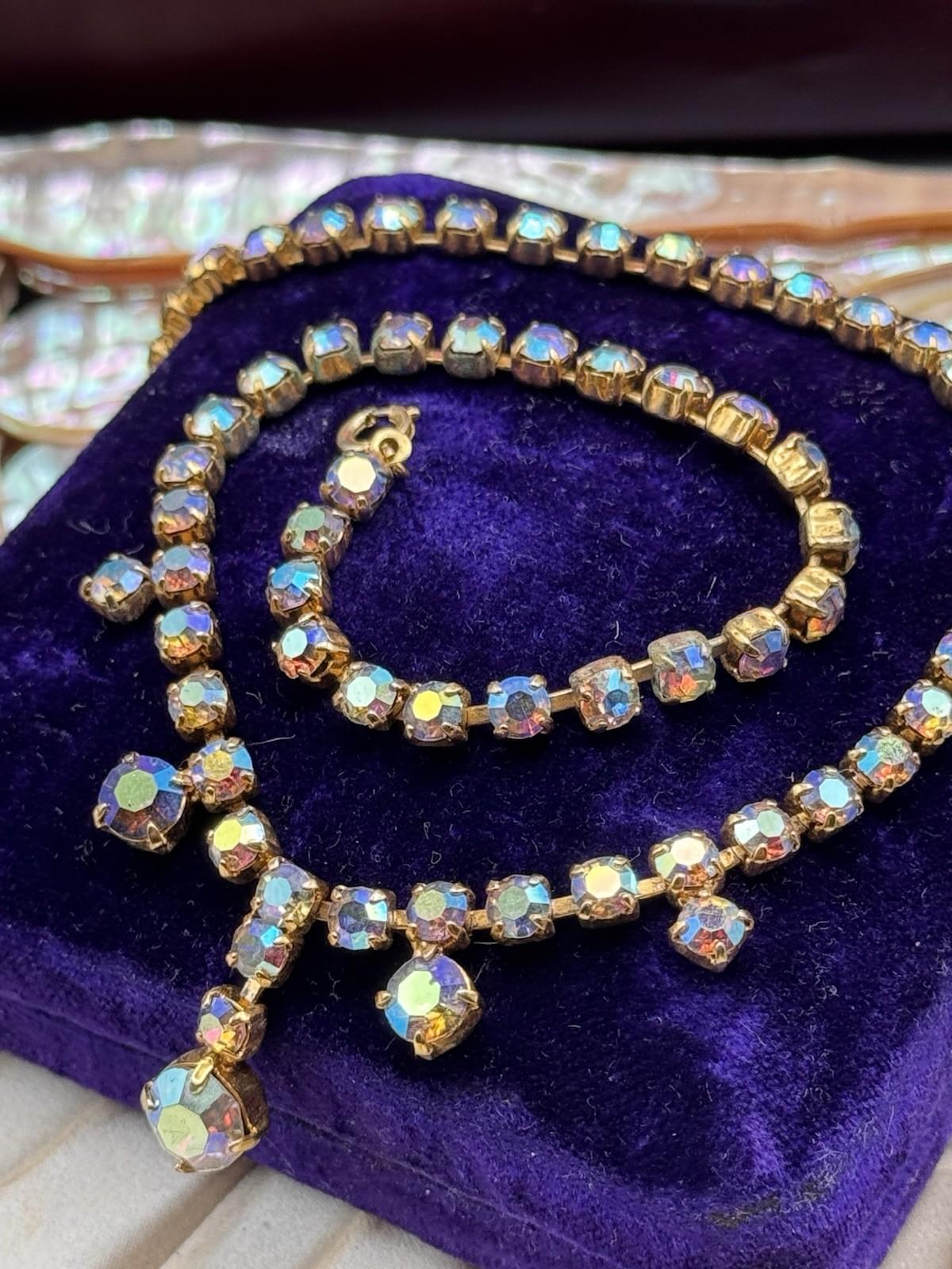 Vintage AB Rhinestone Necklace Goldtone Crystal Drop Statement