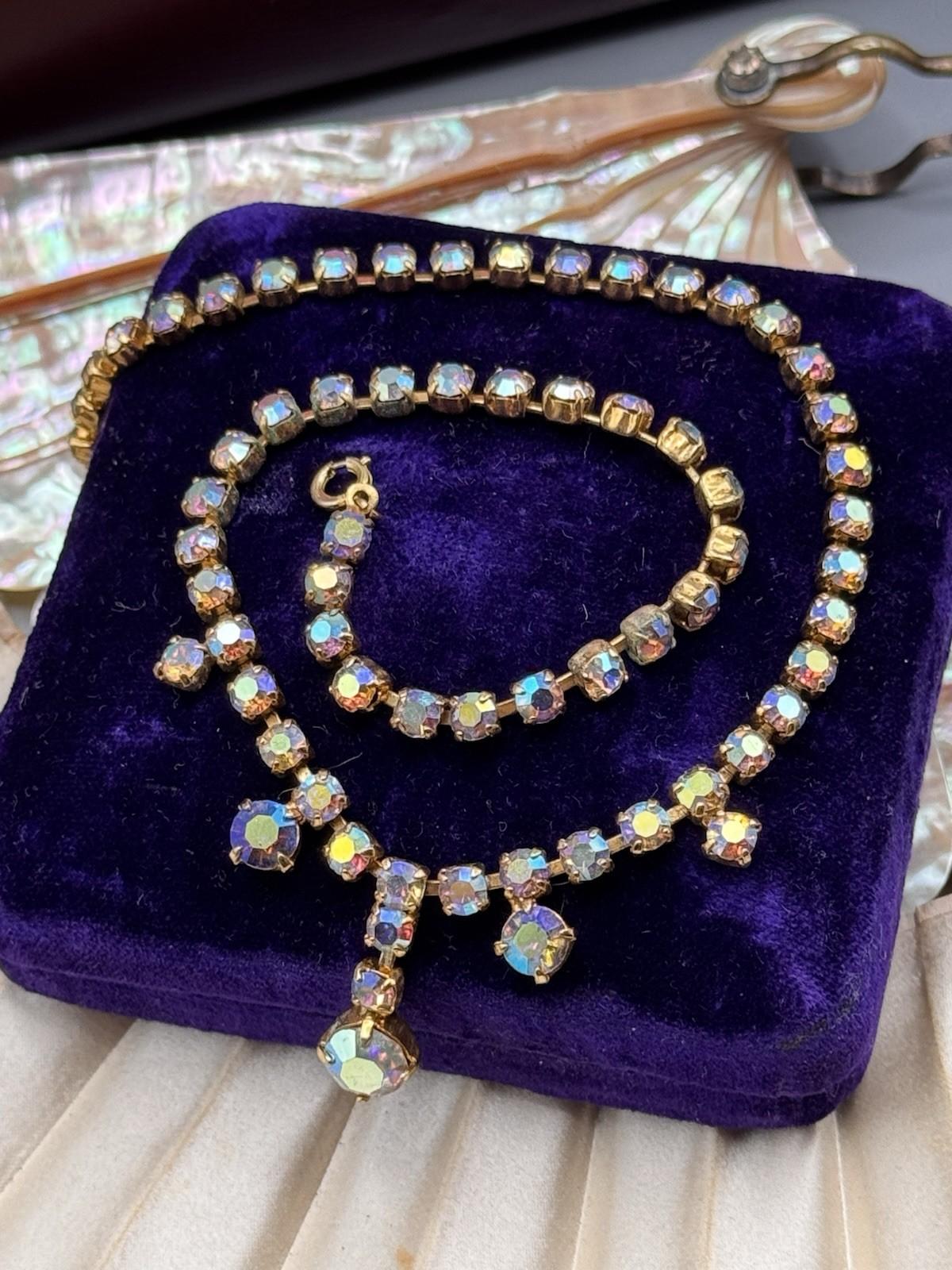 Vintage AB Rhinestone Necklace Goldtone Crystal Drop Statement