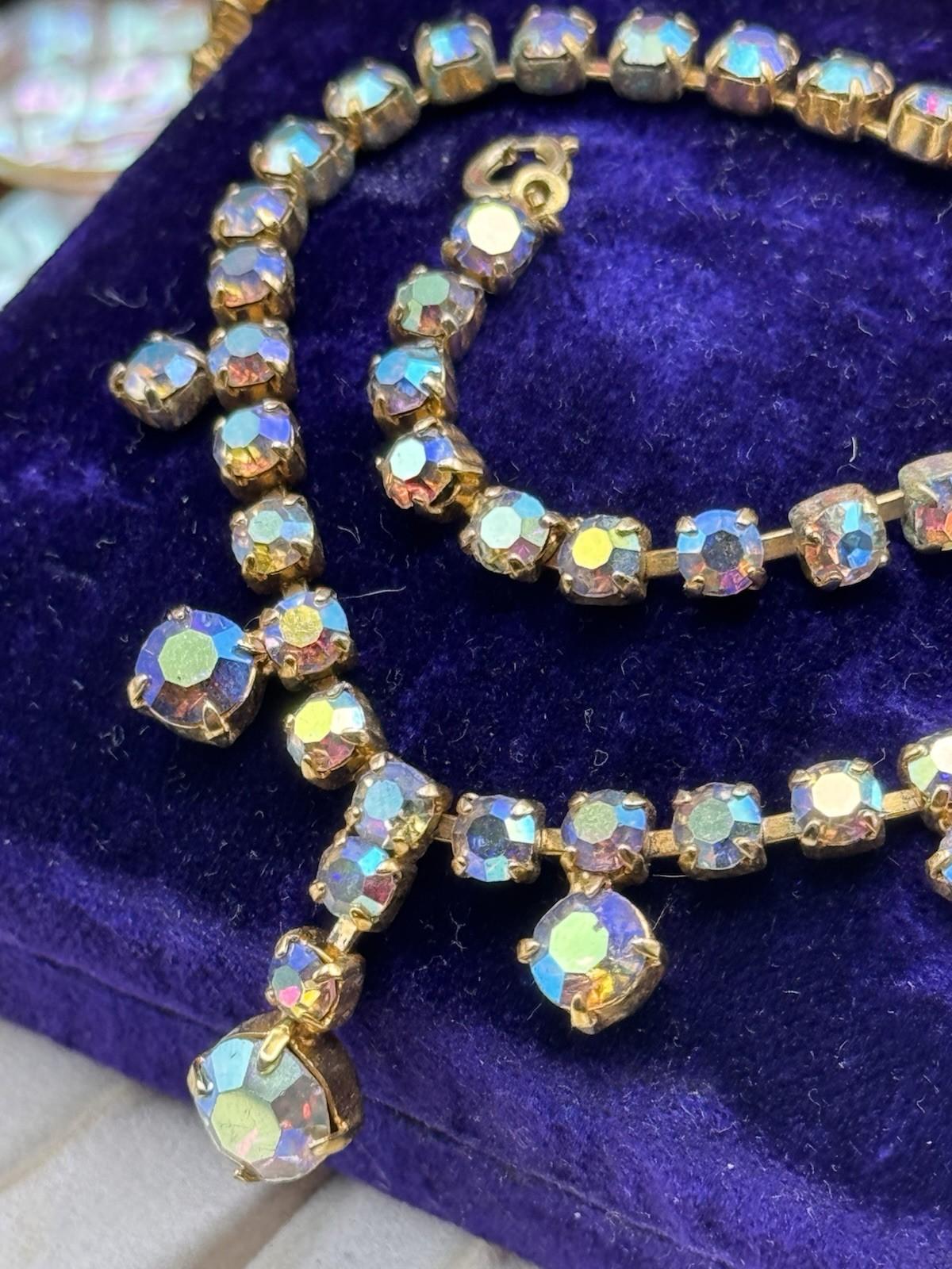 Vintage AB Rhinestone Necklace Goldtone Crystal Drop Statement