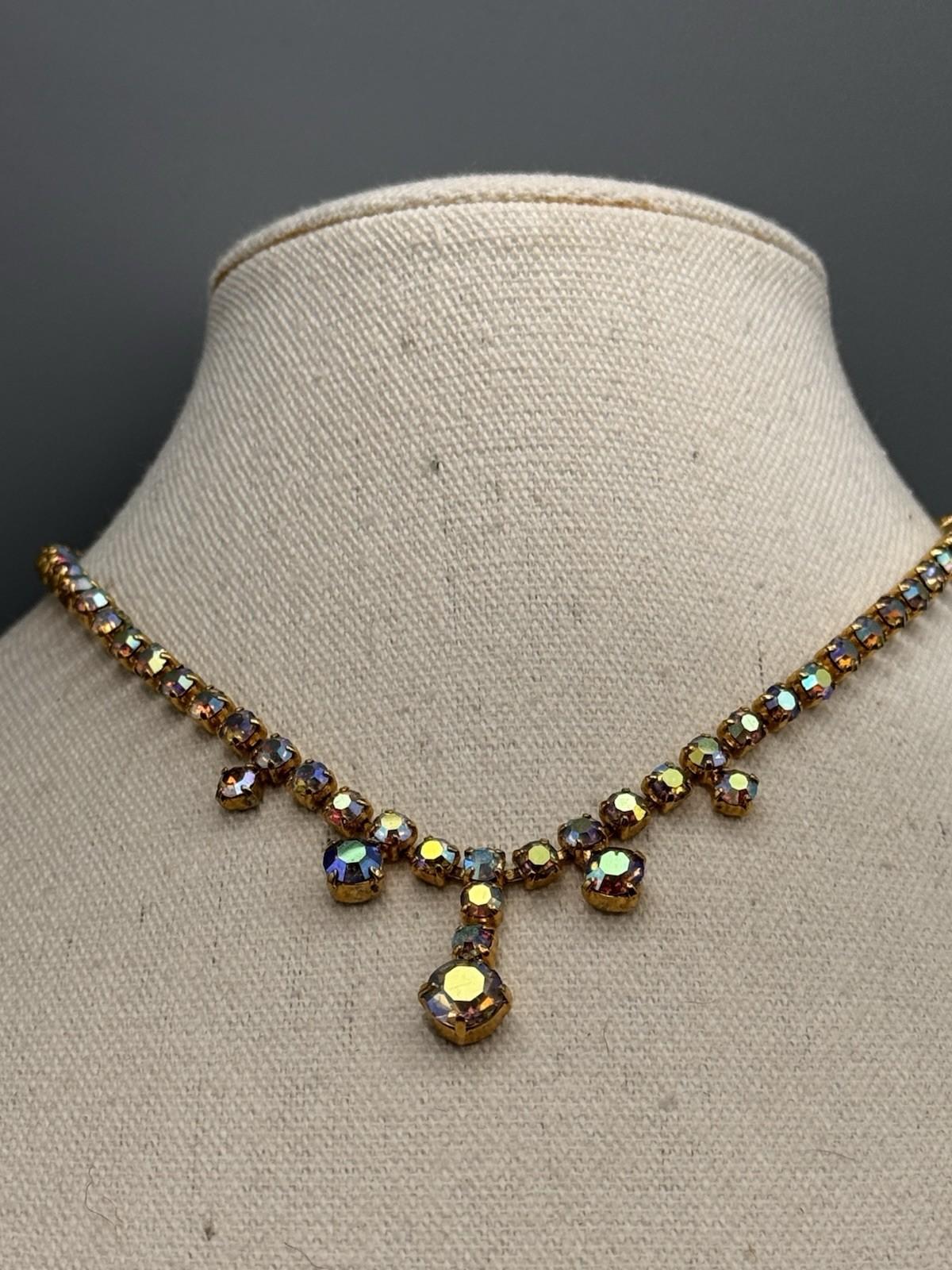 Vintage AB Rhinestone Necklace Goldtone Crystal Drop Statement