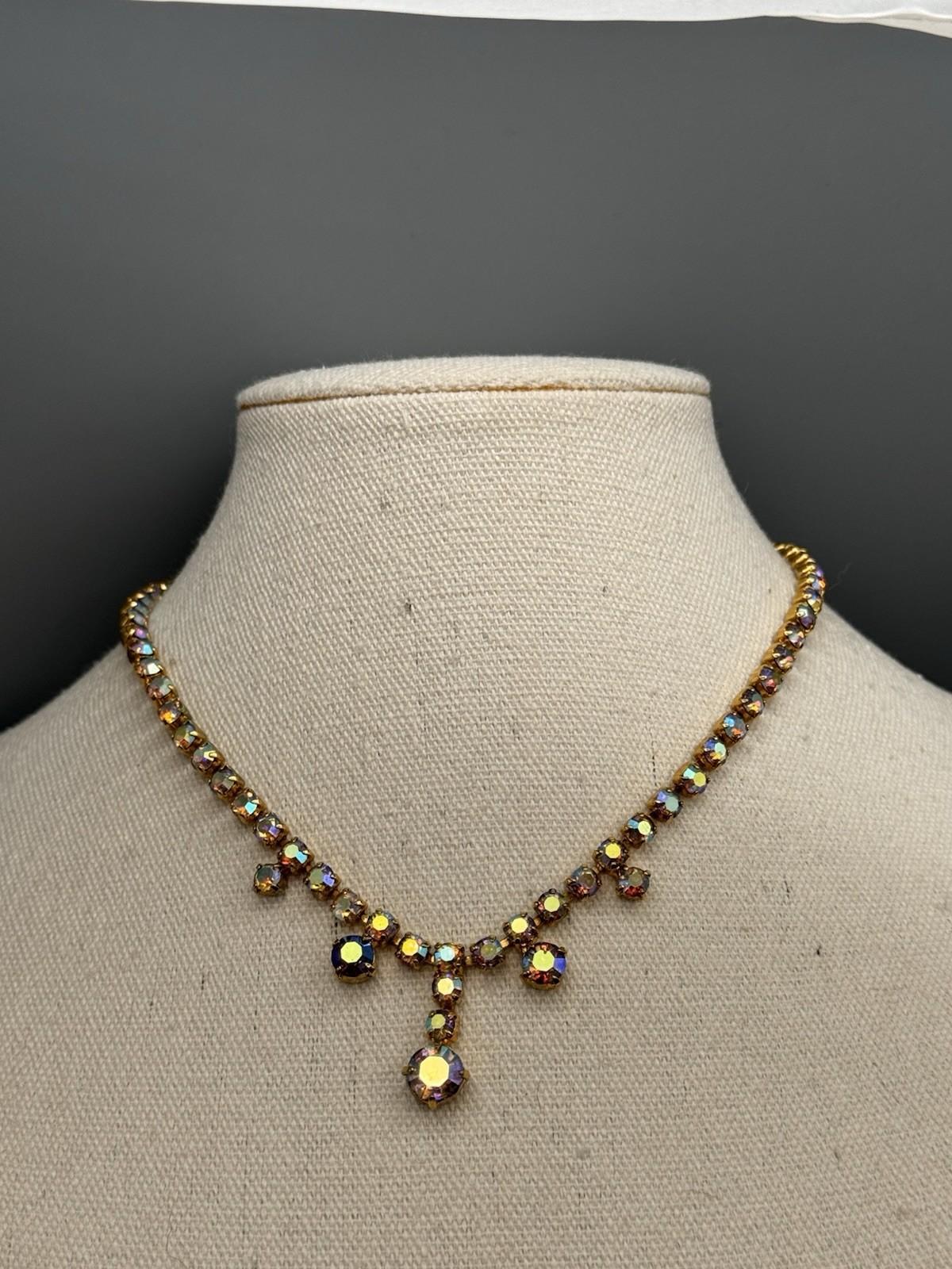Vintage AB Rhinestone Necklace Goldtone Crystal Drop Statement