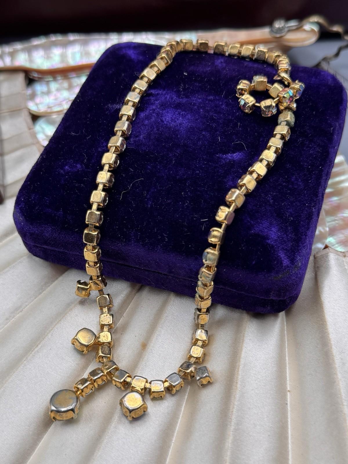 Vintage AB Rhinestone Necklace Goldtone Crystal Drop Statement