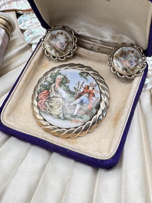 Vintage Lovers Scene Brooch Earrings Set Porcelain Goldtone Clip On