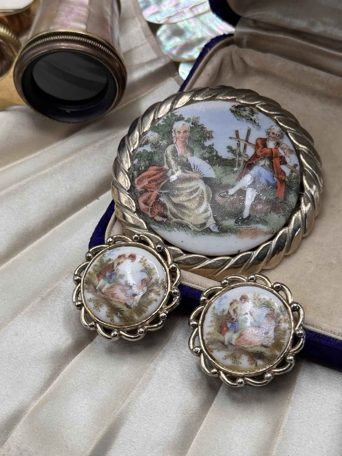 Vintage Lovers Scene Brooch Earrings Set Porcelain Goldtone Clip On