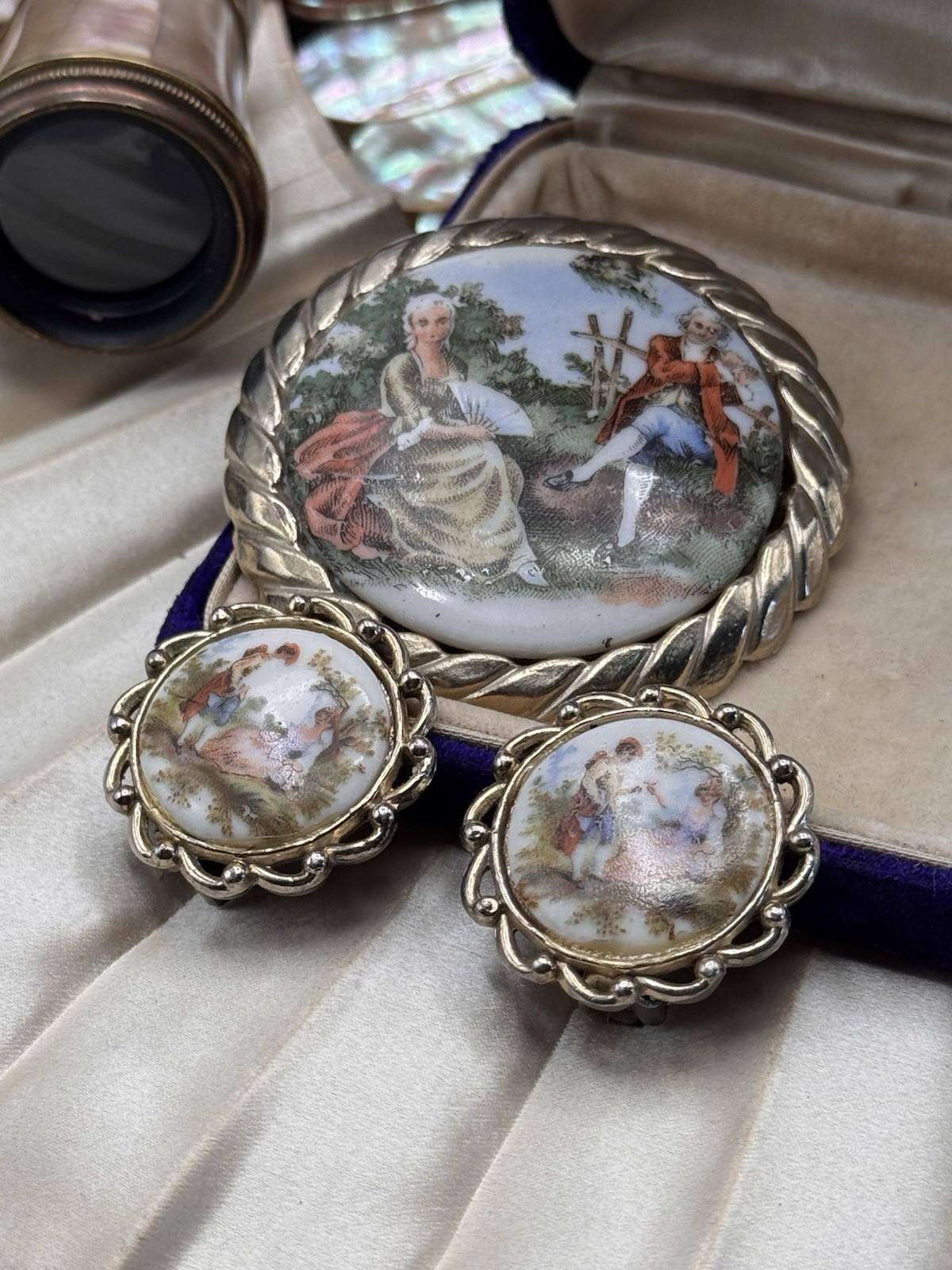 Vintage Lovers Scene Brooch Earrings Set Porcelain Goldtone Clip On