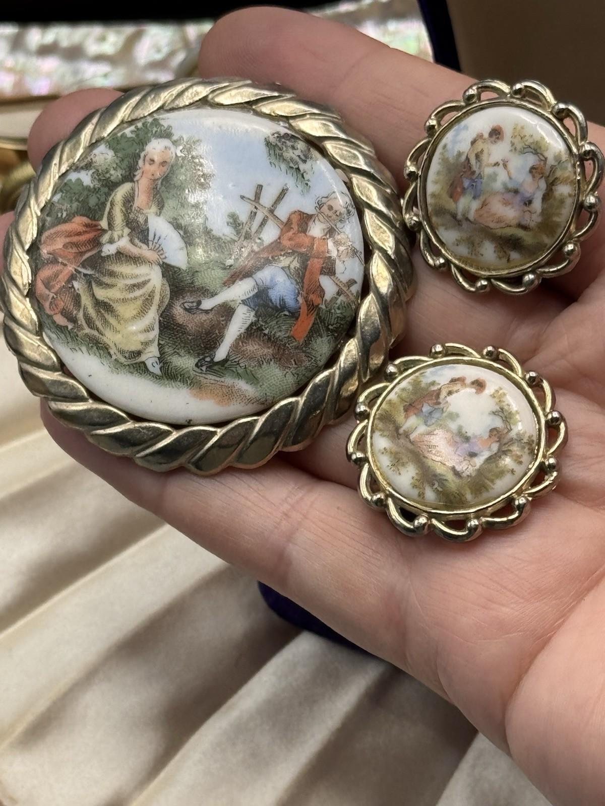 Vintage Lovers Scene Brooch Earrings Set Porcelain Goldtone Clip On