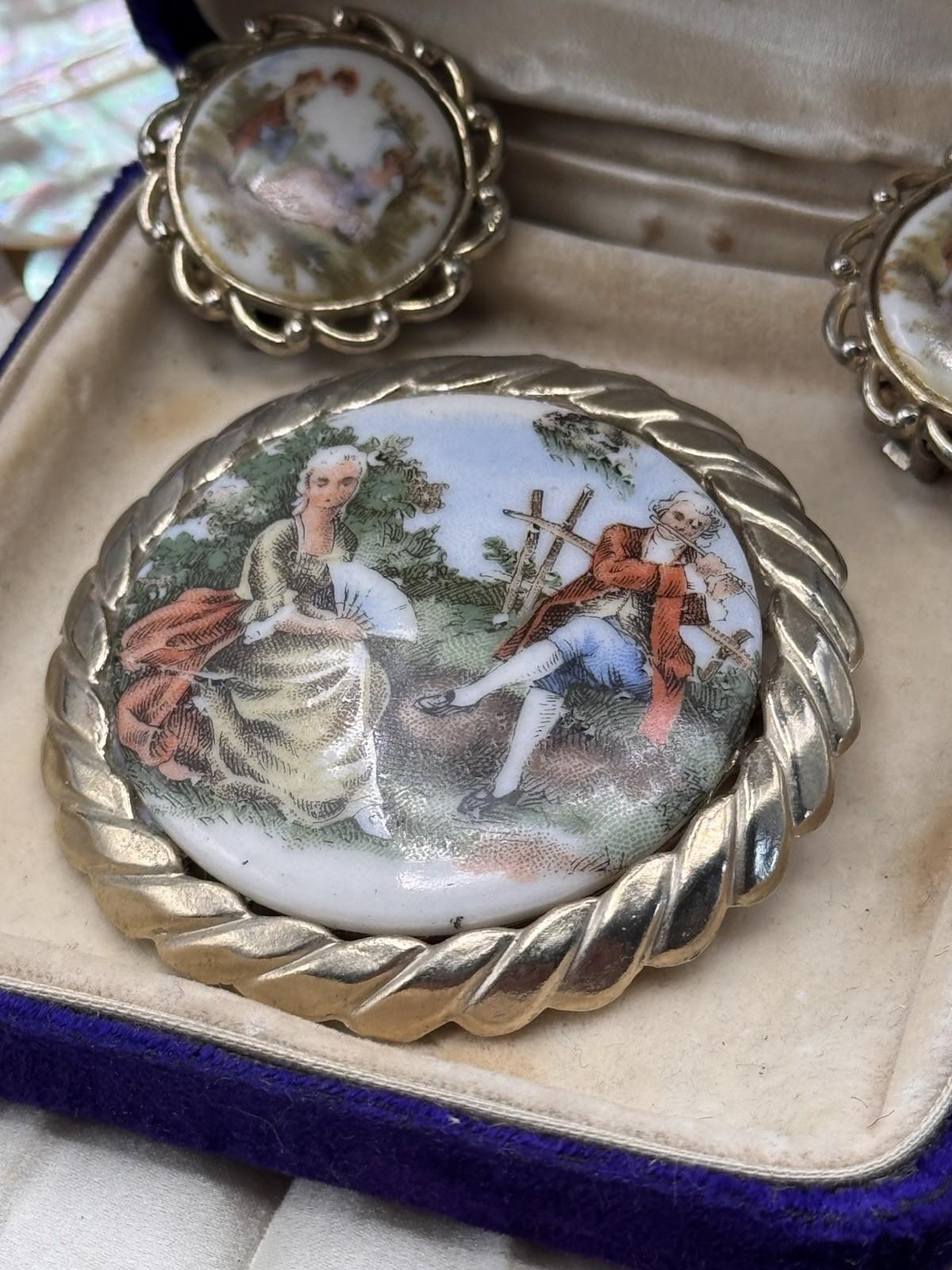 Vintage Lovers Scene Brooch Earrings Set Porcelain Goldtone Clip On