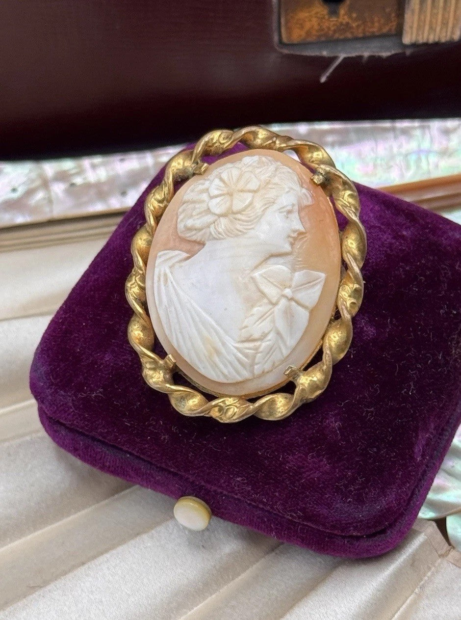 Carved Shell Cameo Brooch 1.75” Goldtone Frame Edwardian