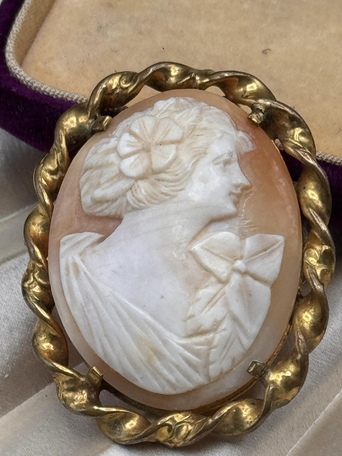 Carved Shell Cameo Brooch 1.75” Goldtone Frame Edwardian
