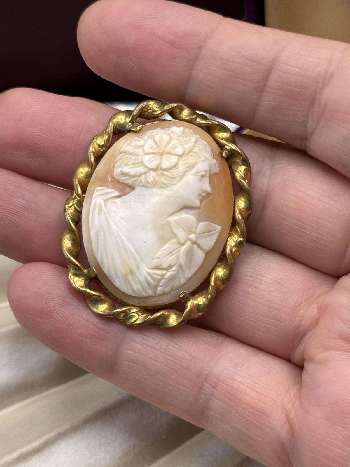 Carved Shell Cameo Brooch 1.75” Goldtone Frame Edwardian
