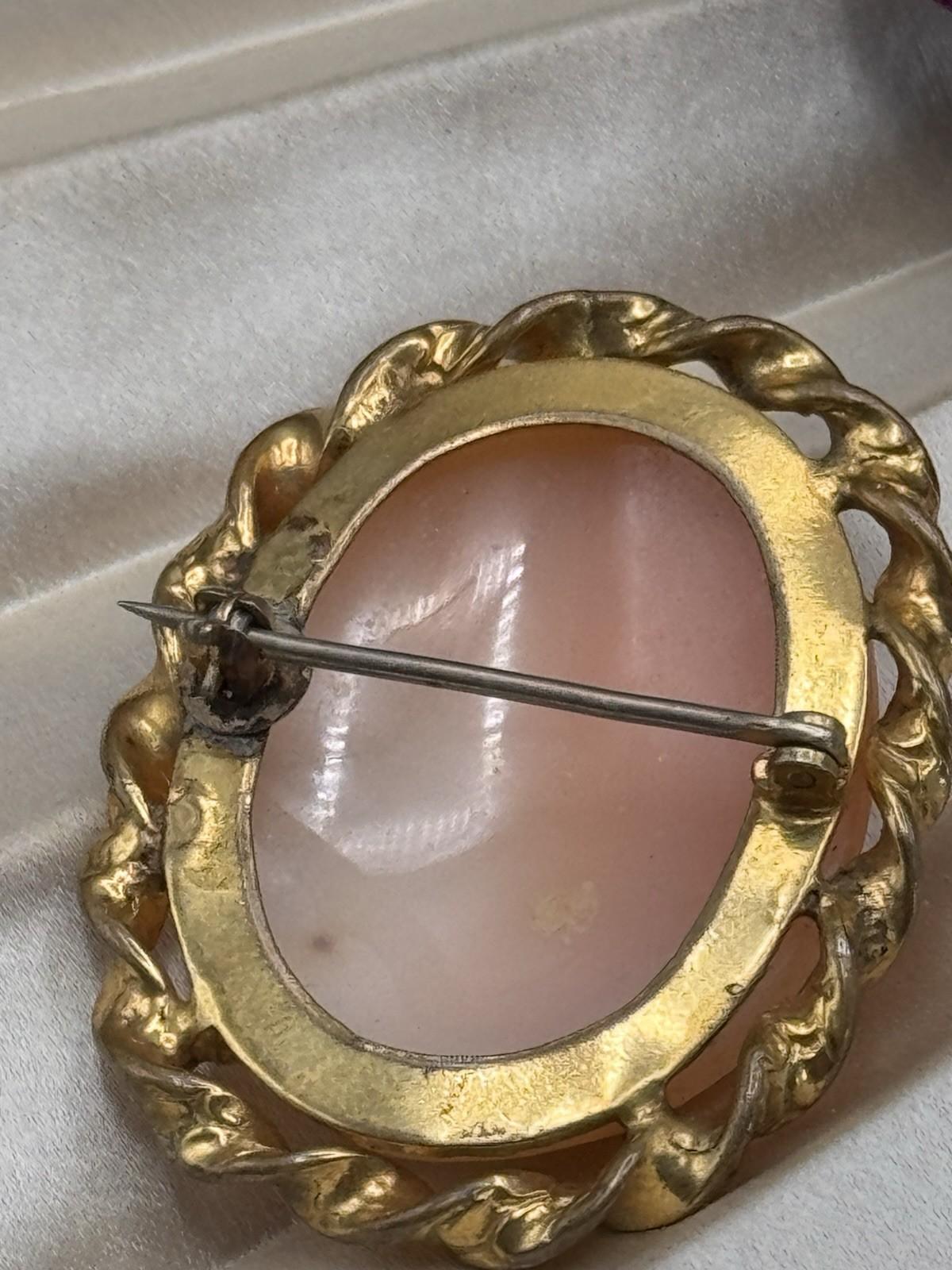 Carved Shell Cameo Brooch 1.75” Goldtone Frame Edwardian