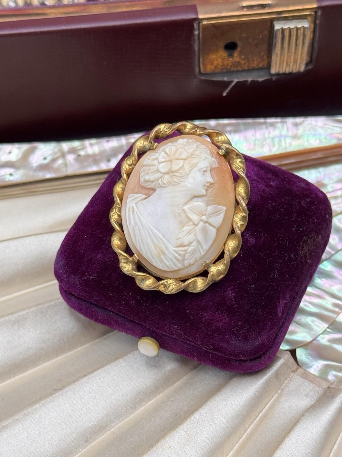 Carved Shell Cameo Brooch 1.75” Goldtone Frame Edwardian