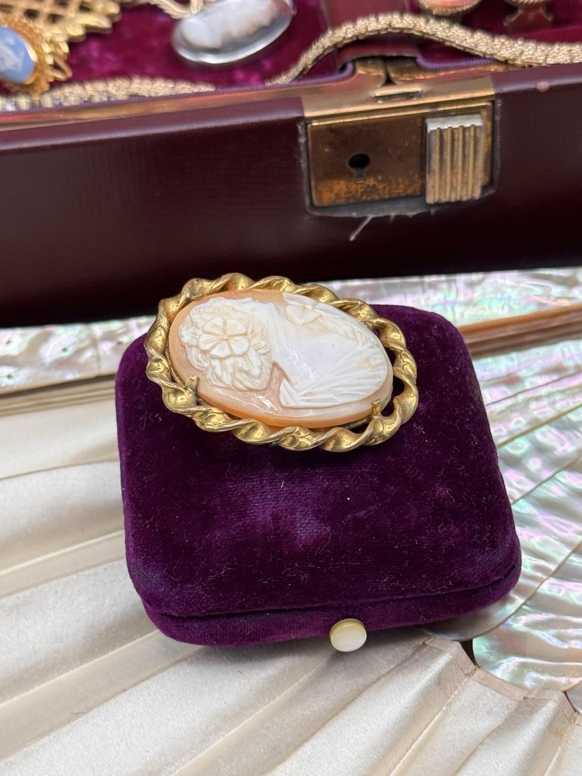 Carved Shell Cameo Brooch 1.75” Goldtone Frame Edwardian