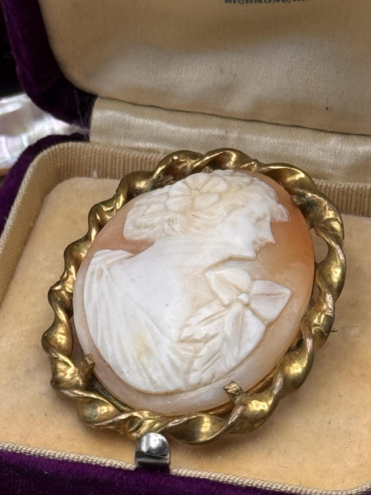 Carved Shell Cameo Brooch 1.75” Goldtone Frame Edwardian
