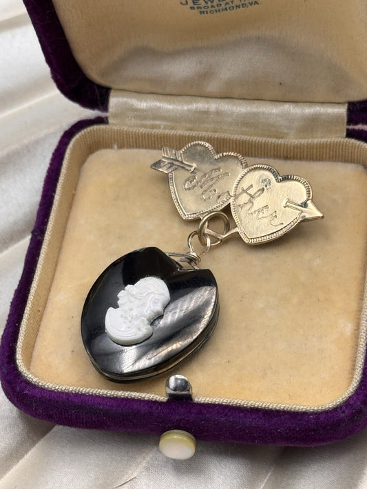 Vintage Mother Heart Brooch Dangle Cameo Black Stone Love Token Mourning
