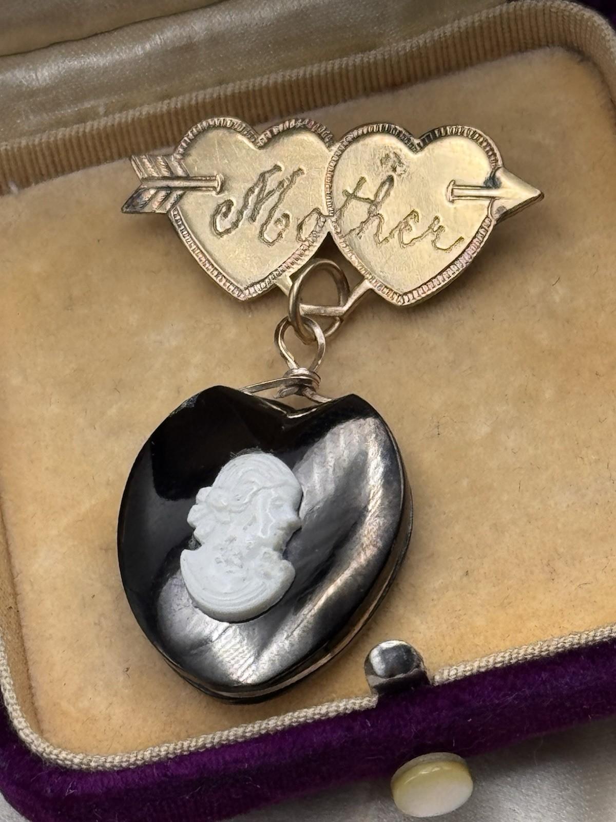 Vintage Mother Heart Brooch Dangle Cameo Black Stone Love Token Mourning