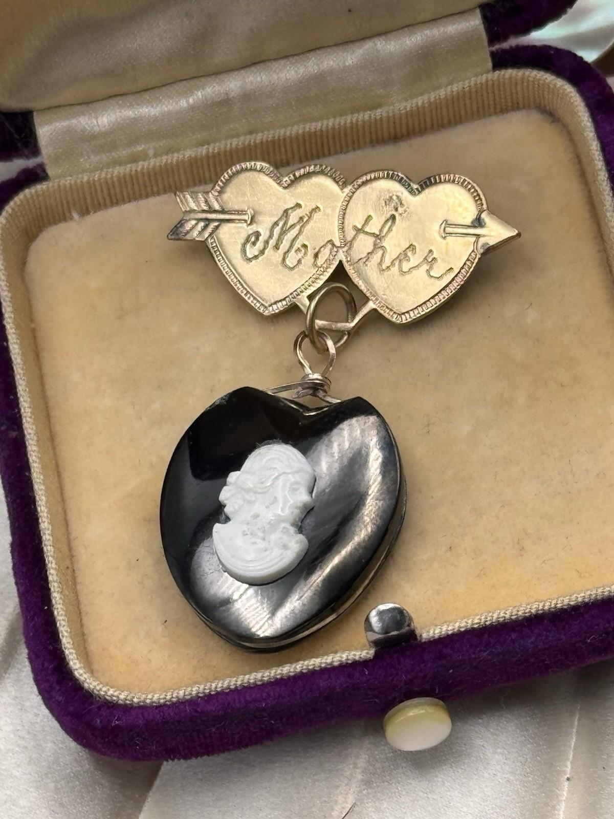 Vintage Mother Heart Brooch Dangle Cameo Black Stone Love Token Mourning