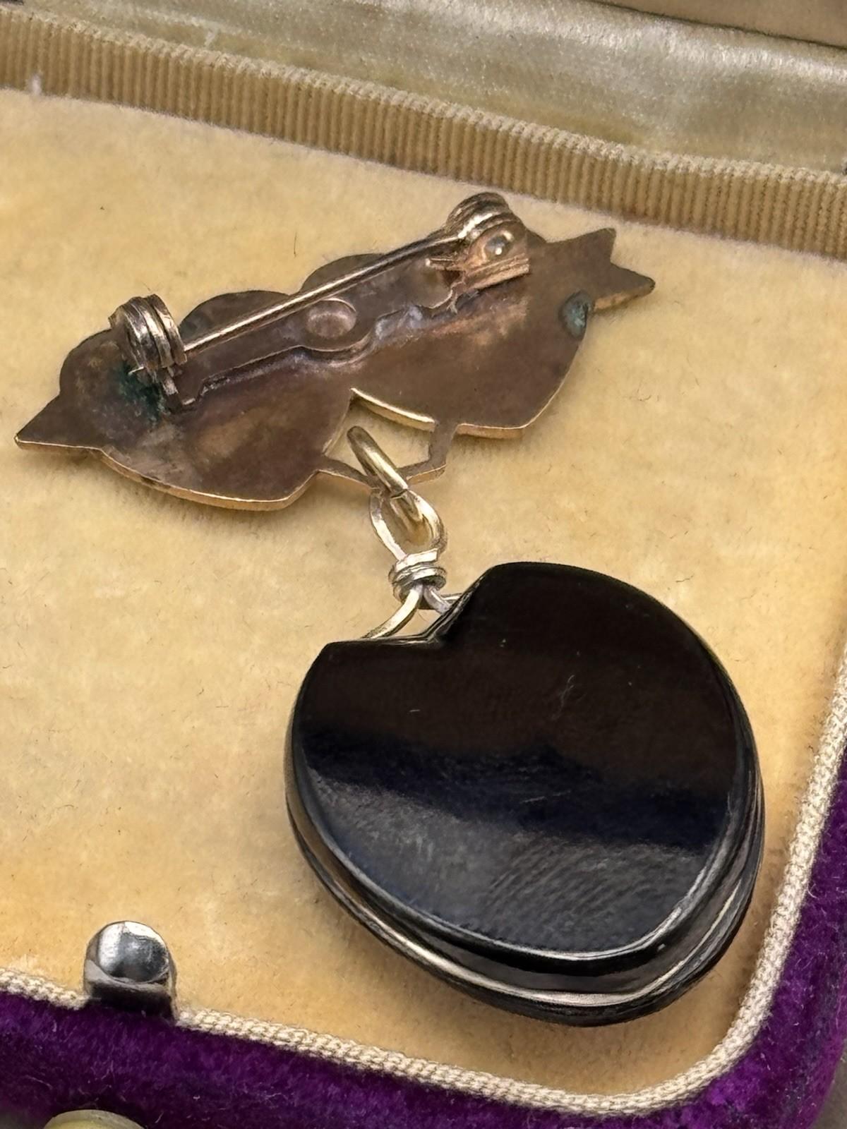 Vintage Mother Heart Brooch Dangle Cameo Black Stone Love Token Mourning