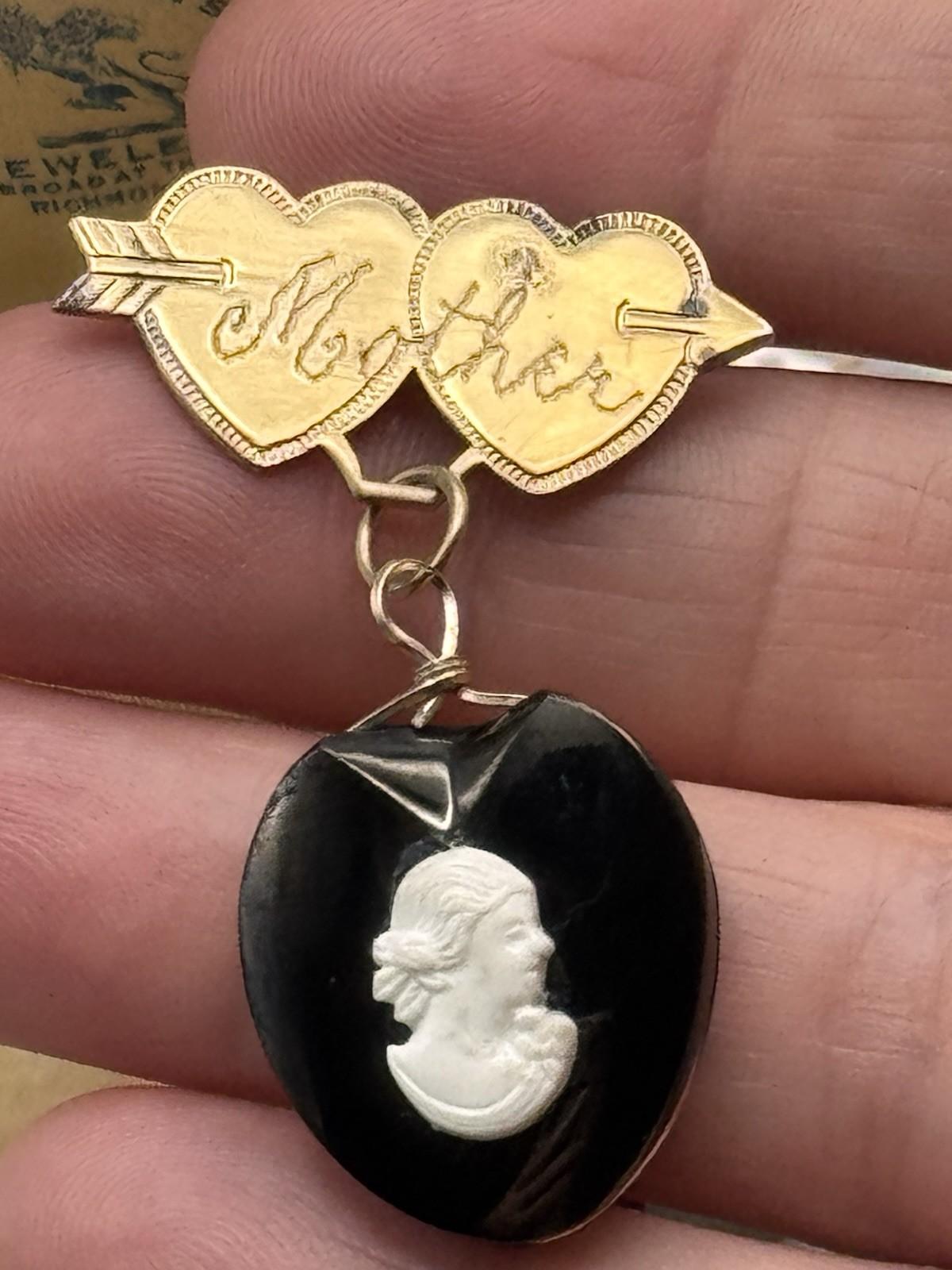 Vintage Mother Heart Brooch Dangle Cameo Black Stone Love Token Mourning