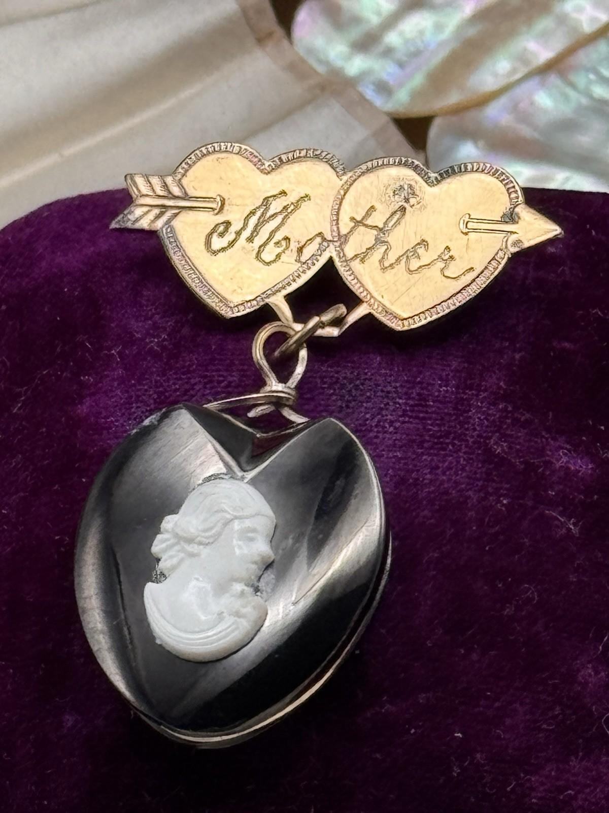Vintage Mother Heart Brooch Dangle Cameo Black Stone Love Token Mourning
