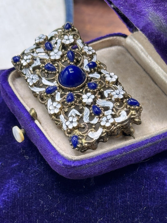 Vintage Czech Brooch Royal Blue Glass White Enamel Filigree Brass 2”