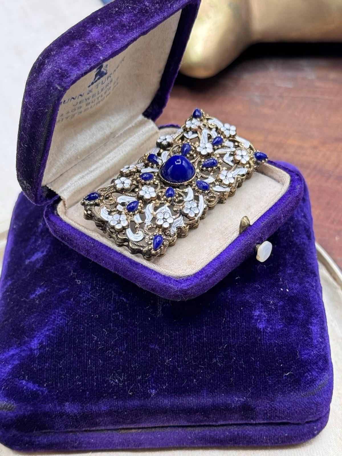 Vintage Czech Brooch Royal Blue Glass White Enamel Filigree Brass 2”