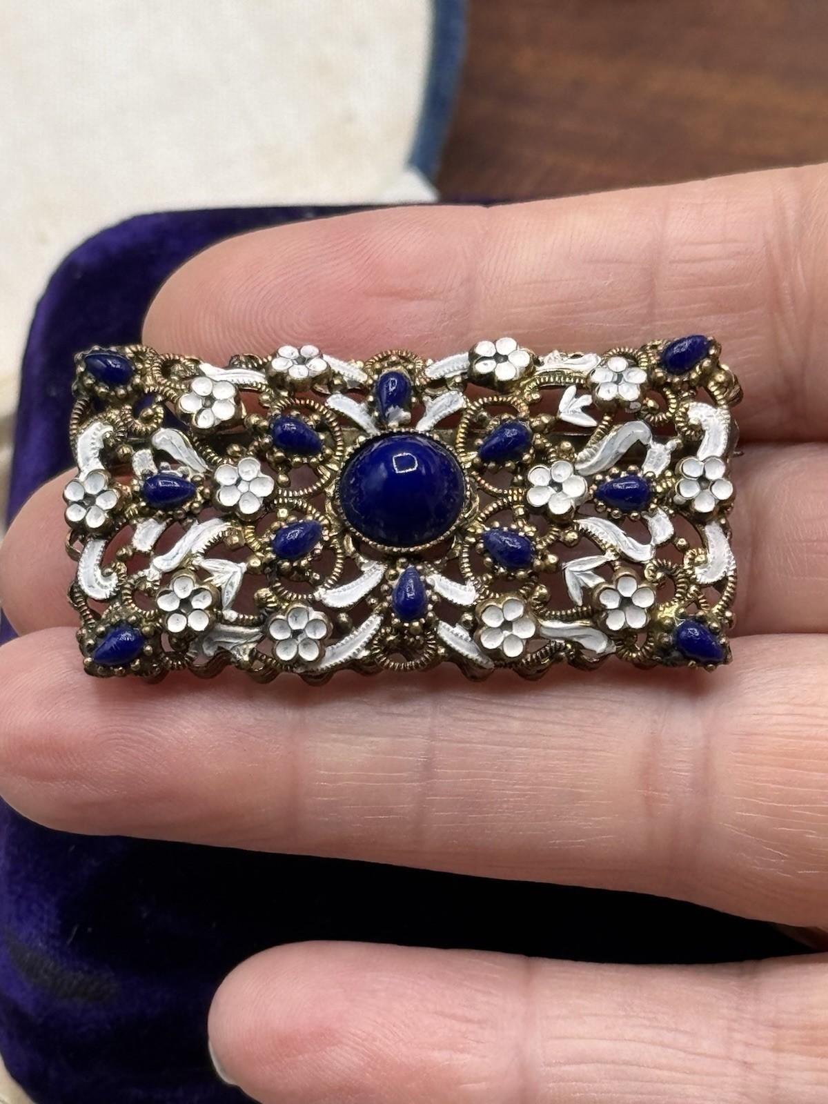 Vintage Czech Brooch Royal Blue Glass White Enamel Filigree Brass 2”