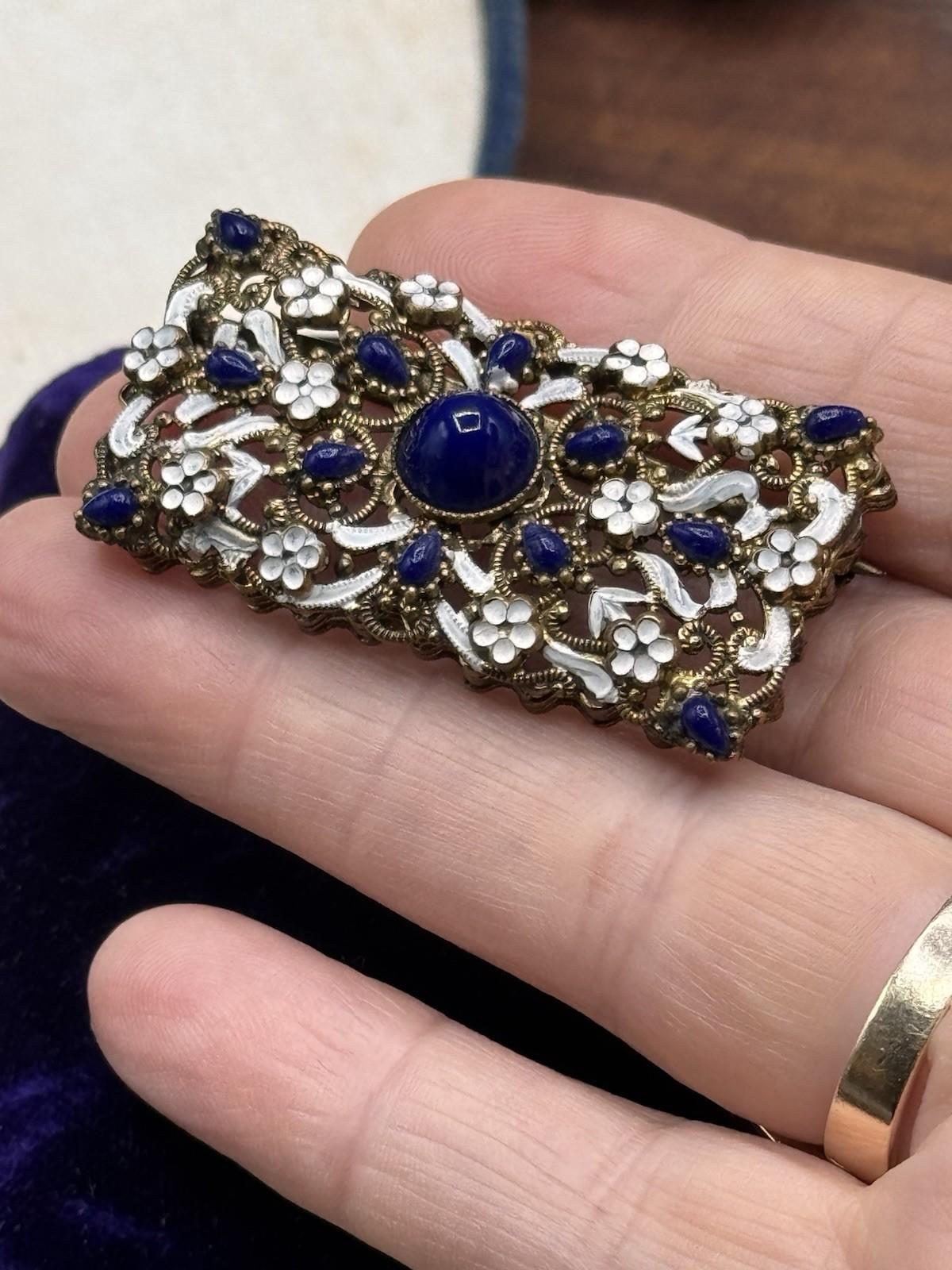 Vintage Czech Brooch Royal Blue Glass White Enamel Filigree Brass 2”