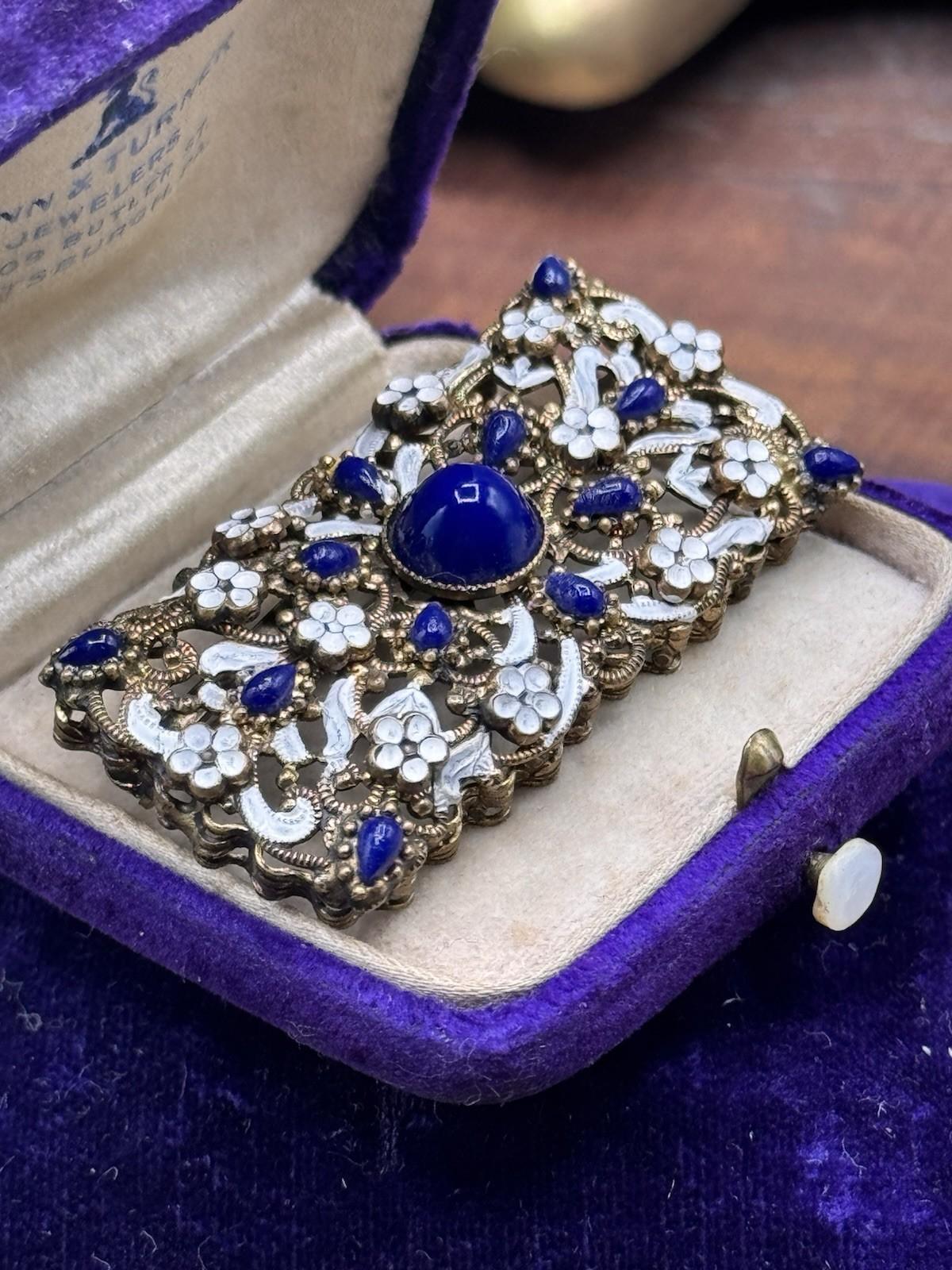 Vintage Czech Brooch Royal Blue Glass White Enamel Filigree Brass 2”