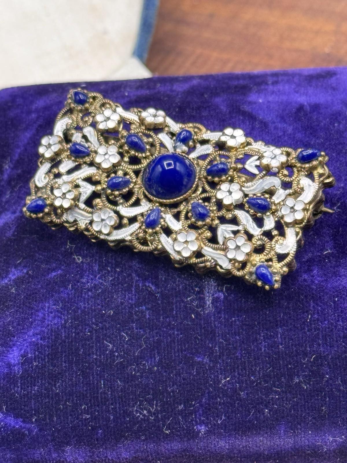 Vintage Czech Brooch Royal Blue Glass White Enamel Filigree Brass 2”