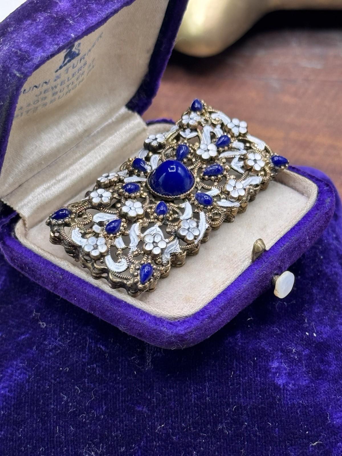 Vintage Czech Brooch Royal Blue Glass White Enamel Filigree Brass 2”