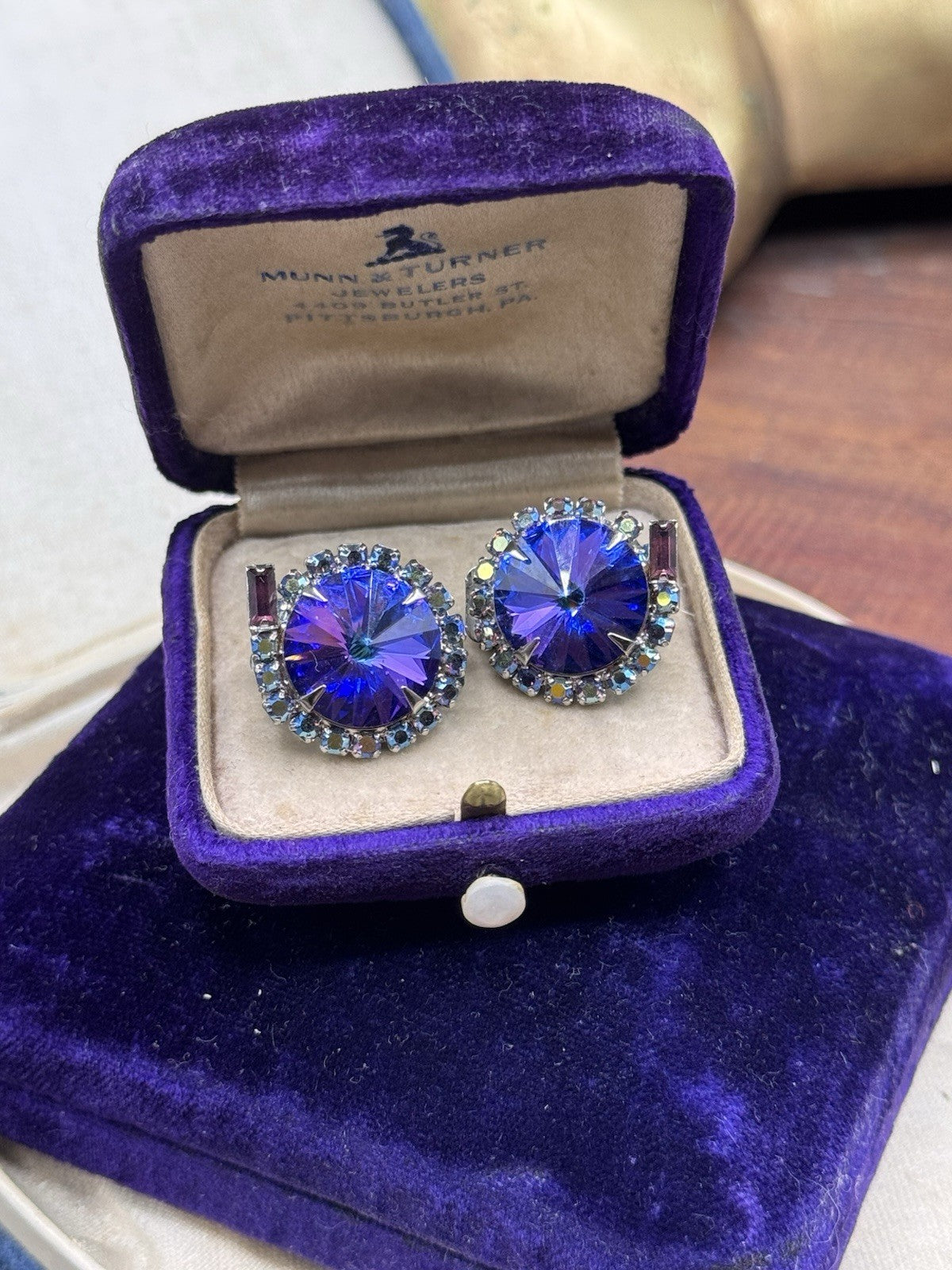 Vintage Rivoli Blue Purple AB Rhinestone Clip On Earrings 0.75”