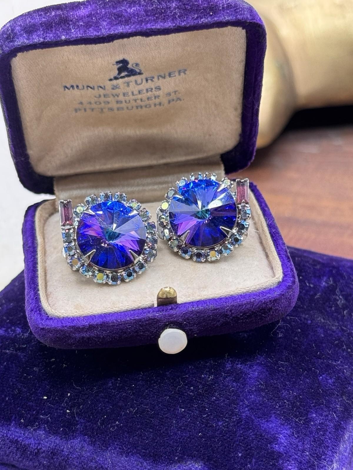 Vintage Rivoli Blue Purple AB Rhinestone Clip On Earrings 0.75”