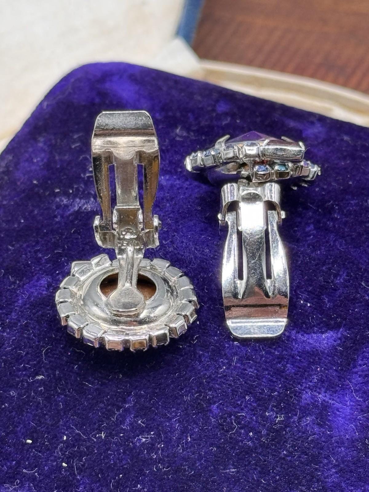 Vintage Rivoli Blue Purple AB Rhinestone Clip On Earrings 0.75”